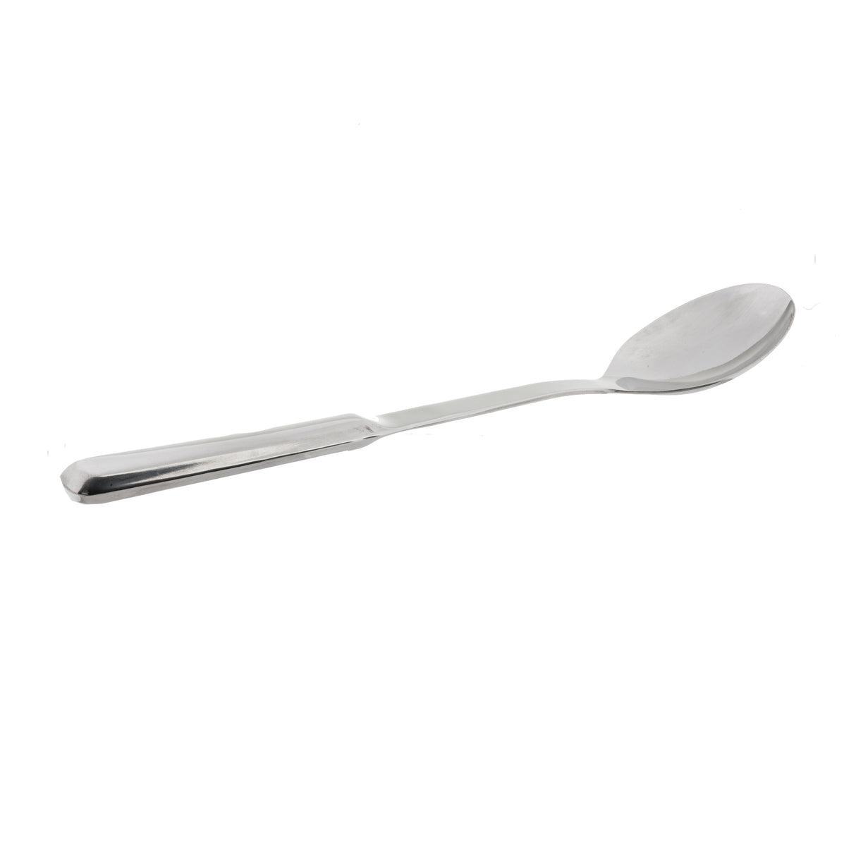 A shiny stainless steel serving spoon with a slightly oval bowl and a long, flat, angular handle. Positioned diagonally on a white background, the dishwasher safe spoon has its bowl facing upward and handle pointing to the lower left corner.