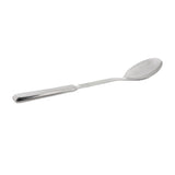 A shiny stainless steel serving spoon with a slightly oval bowl and a long, flat, angular handle. Positioned diagonally on a white background, the dishwasher safe spoon has its bowl facing upward and handle pointing to the lower left corner.