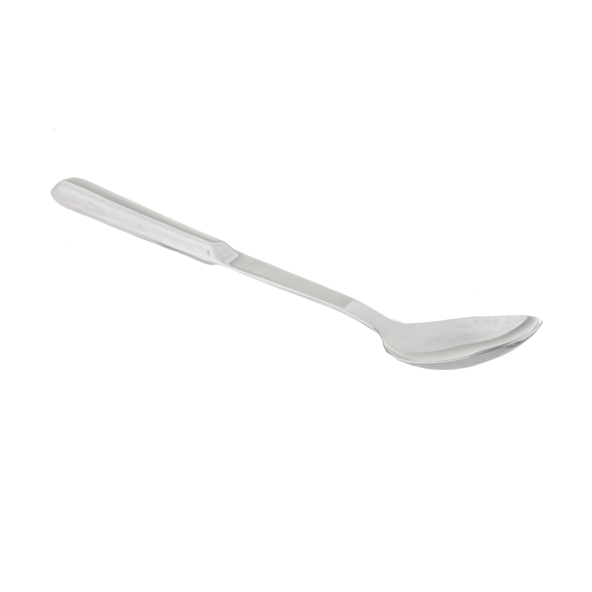 A single stainless steel serving spoon with a reflective surface is shown on a white background. The spoon features a straight handle with a subtle edge and a rounded, shallow bowl at the end for easy scooping.