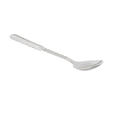 A single stainless steel serving spoon with a reflective surface is shown on a white background. The spoon features a straight handle with a subtle edge and a rounded, shallow bowl at the end for easy scooping.