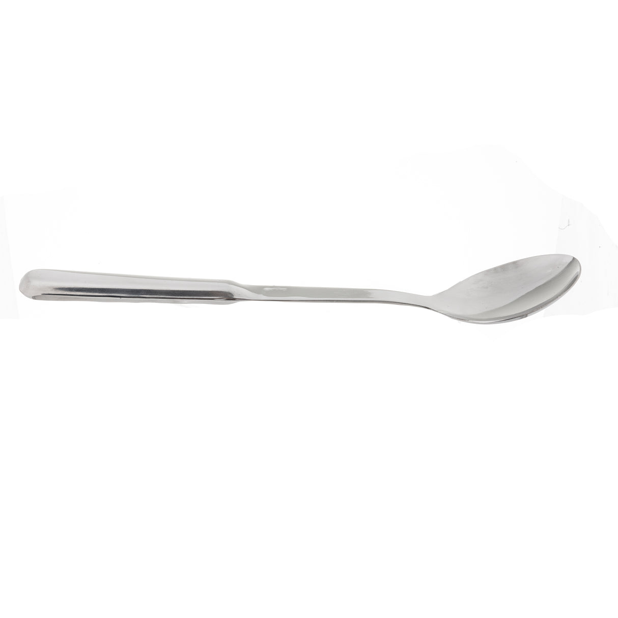 A single stainless steel serving spoon with a reflective surface lies horizontally on a white background. The handle is straight and solid, and the oval-shaped bowl adds elegance. The image is well-lit with no visible shadows.