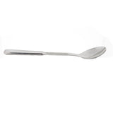 A single stainless steel serving spoon with a reflective surface lies horizontally on a white background. The handle is straight and solid, and the oval-shaped bowl adds elegance. The image is well-lit with no visible shadows.