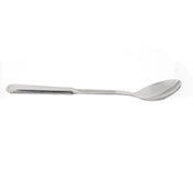 A single stainless steel serving spoon with a reflective surface lies horizontally on a white background. The handle is straight and solid, and the oval-shaped bowl adds elegance. The image is well-lit with no visible shadows.