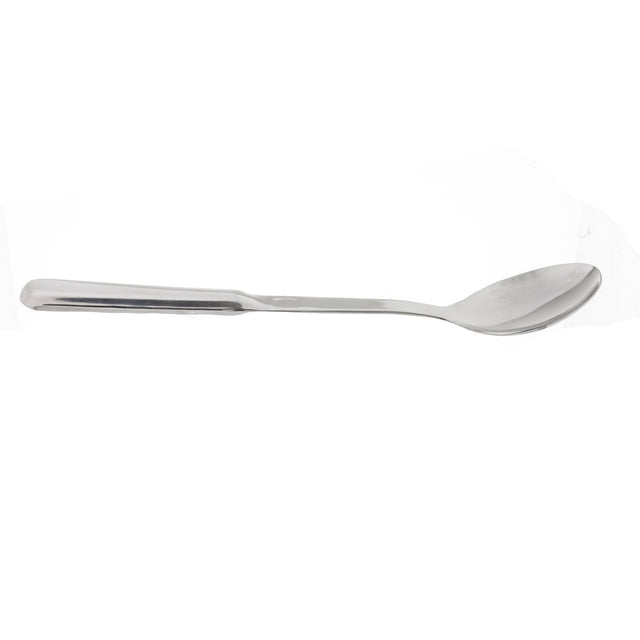 A single stainless steel serving spoon with a reflective surface lies horizontally on a white background. The handle is straight and solid, and the oval-shaped bowl adds elegance. The image is well-lit with no visible shadows.