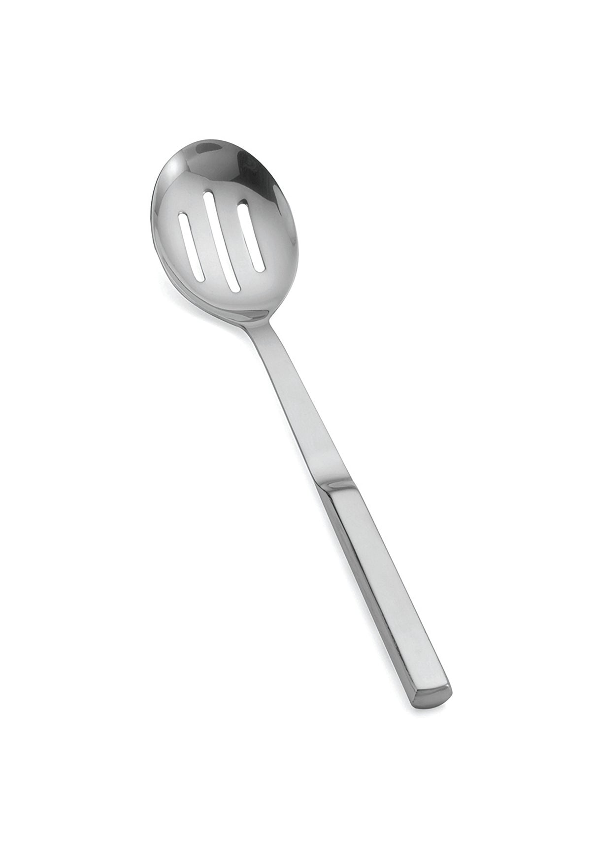 A stainless steel slotted serving spoon with a flat, rectangular handle. The oval-shaped bowl features three long slots for draining liquids. The plain white background highlights the utensil’s reflective, metallic surface.