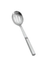 A stainless steel slotted serving spoon with a flat, rectangular handle. The oval-shaped bowl features three long slots for draining liquids. The plain white background highlights the utensil’s reflective, metallic surface.