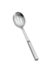 A stainless steel slotted serving spoon with a flat, rectangular handle. The oval-shaped bowl features three long slots for draining liquids. The plain white background highlights the utensil’s reflective, metallic surface.