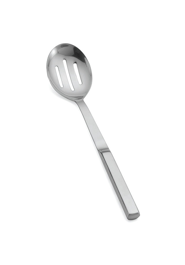 A stainless steel slotted serving spoon with a flat, rectangular handle. The oval-shaped bowl features three long slots for draining liquids. The plain white background highlights the utensil’s reflective, metallic surface.