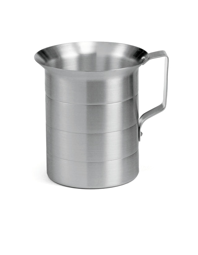 A 2 qt graduated measure with a wide rim, a handle on the right side, and etched measurement lines around the body, photographed on a white background.