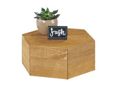 A small potted succulent and a rectangular chalkboard sign with the word “fresh” in white script sit on a rustic pine Madera Riser with a natural finish.
