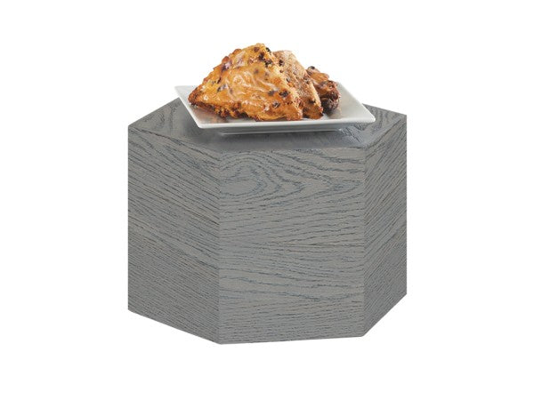 A small square plate holding two golden-brown scones with chocolate chips sits atop an Ashwood Riser with a visible wood grain texture, against a white background.