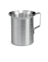 A 4 quart stainless steel measuring cup with a handle, cylindrical shape, and horizontal graduated measure lines etched on the side. The cup features a wide mouth and smooth, brushed metal finish, set against a plain white background.