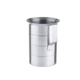 A 4 quart stainless steel measuring jug with a cylindrical shape, wide rim, and sturdy handle. The body features horizontal grooves for grip. This graduated measure sits empty and upright on a plain white background.