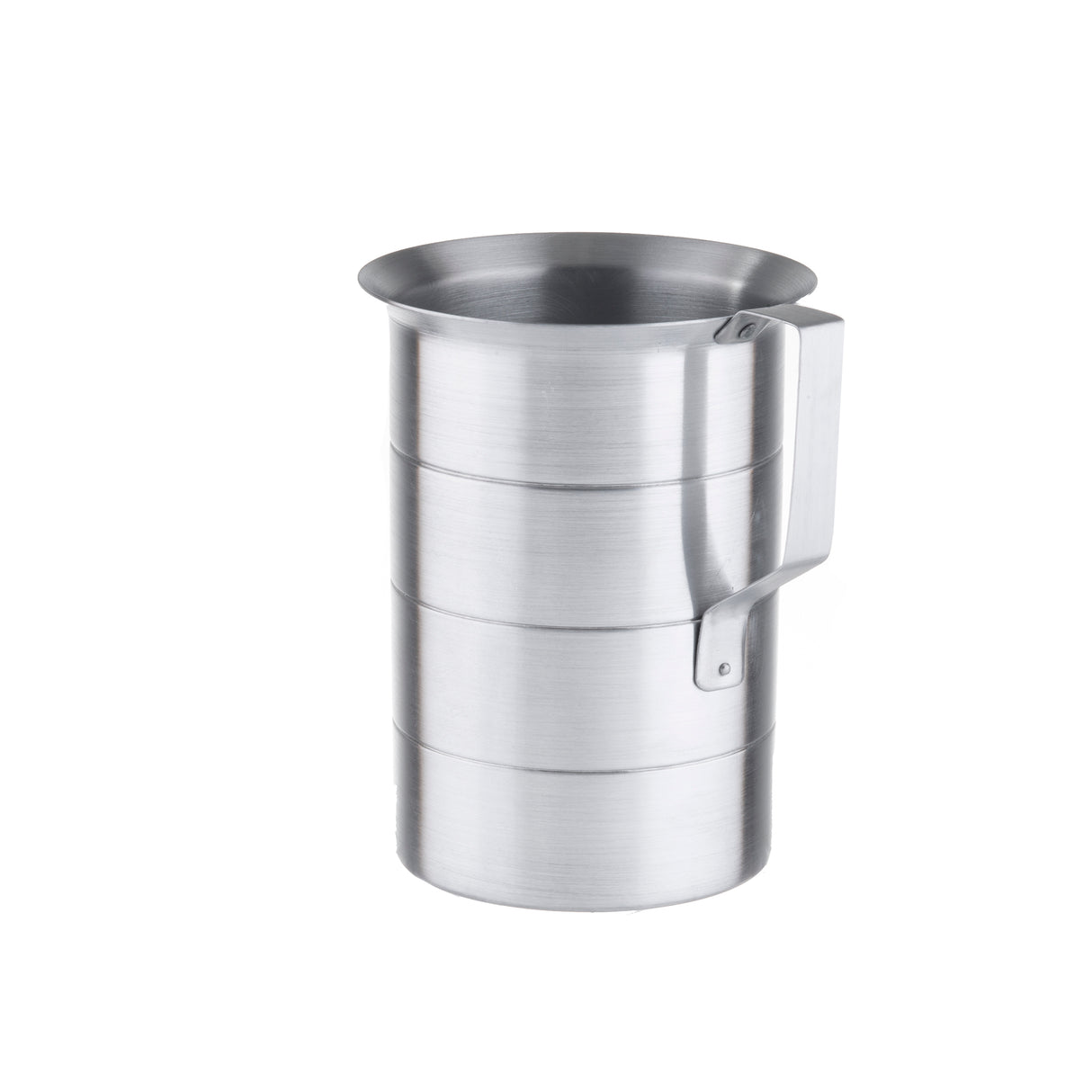 A 4 quart aluminum measuring cup with a cylindrical shape, graduated measure lines, a wide rim, and a sturdy, angular handle. The plain white background highlights its metallic surface and utilitarian design.