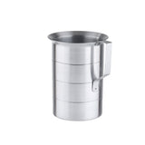 A 4 quart aluminum measuring cup with a cylindrical shape, graduated measure lines, a wide rim, and a sturdy, angular handle. The plain white background highlights its metallic surface and utilitarian design.
