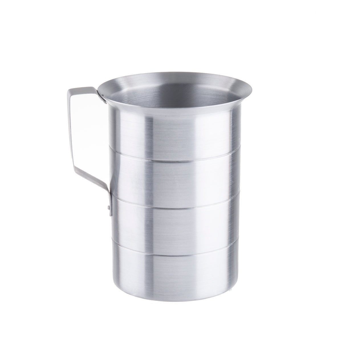 A shiny, cylindrical 4 quart graduated measure with a flat base, wide rim, and sturdy handle on the left side. The stainless steel cup features four horizontal etched measurement lines and is shown against a plain white background.