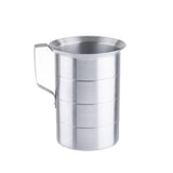 A shiny, cylindrical 4 quart graduated measure with a flat base, wide rim, and sturdy handle on the left side. The stainless steel cup features four horizontal etched measurement lines and is shown against a plain white background.