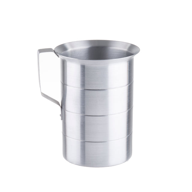 A shiny, cylindrical 4 quart graduated measure with a flat base, wide rim, and sturdy handle on the left side. The stainless steel cup features four horizontal etched measurement lines and is shown against a plain white background.