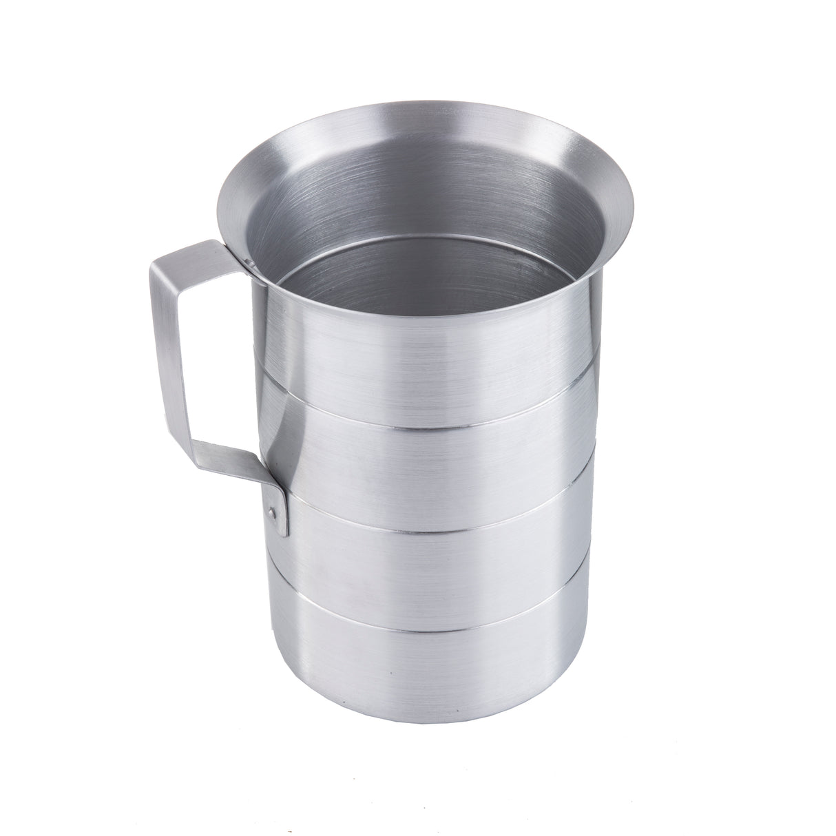 A 4 quart stainless steel measuring cup with a flat handle, cylindrical shape, and brushed metal finish. The empty, graduated measure sits upright on a white background, with horizontal lines around its body.