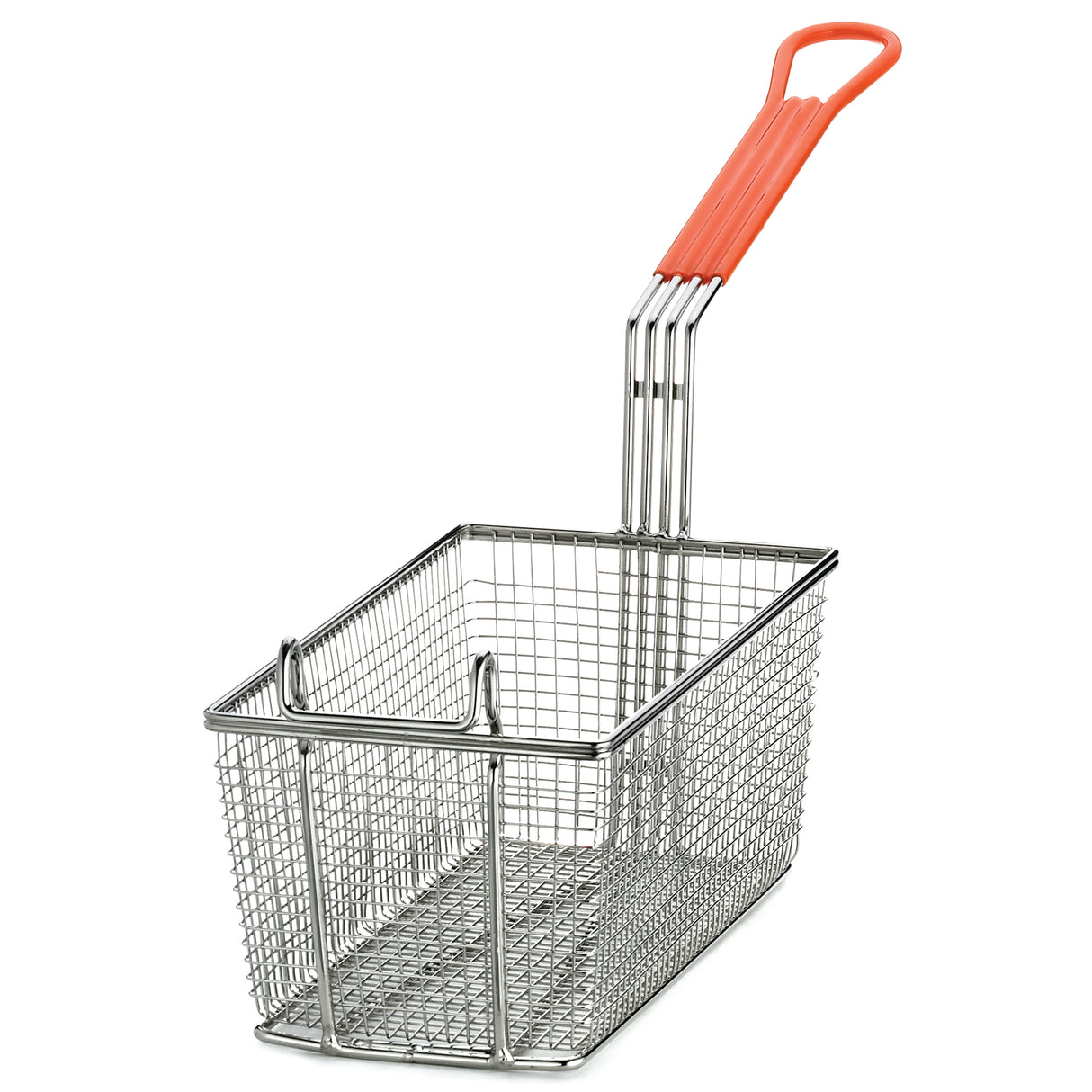 A rectangular mesh fry basket with a raised hook on the front and a long, cool-to-touch handle covered in red heat-resistant plastic. The metal basket is empty and displayed against a white background.