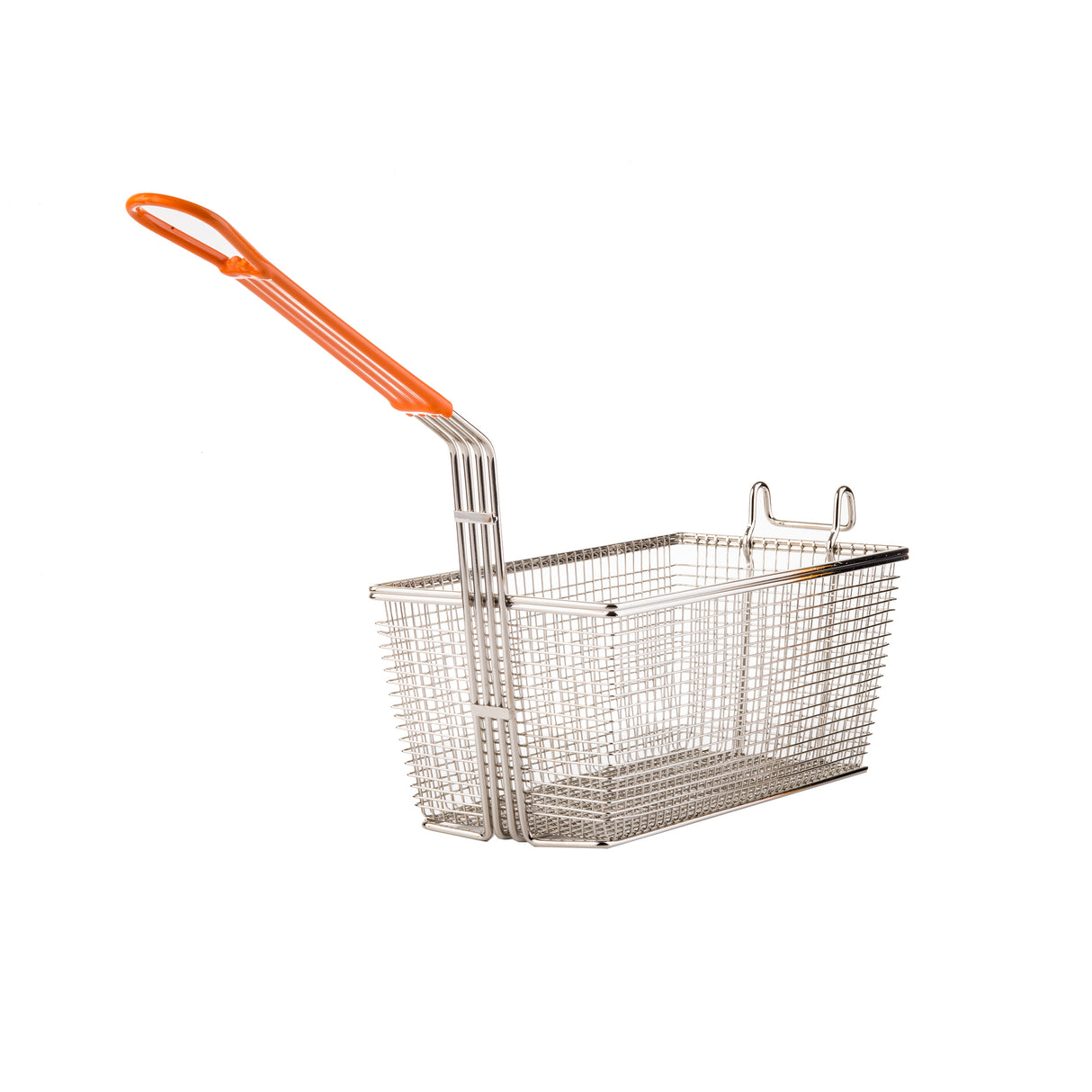 A rectangular mesh fry basket with an orange cool-to-touch handle, featuring metal wire construction and mesh sides. The empty basket is displayed against a white background.