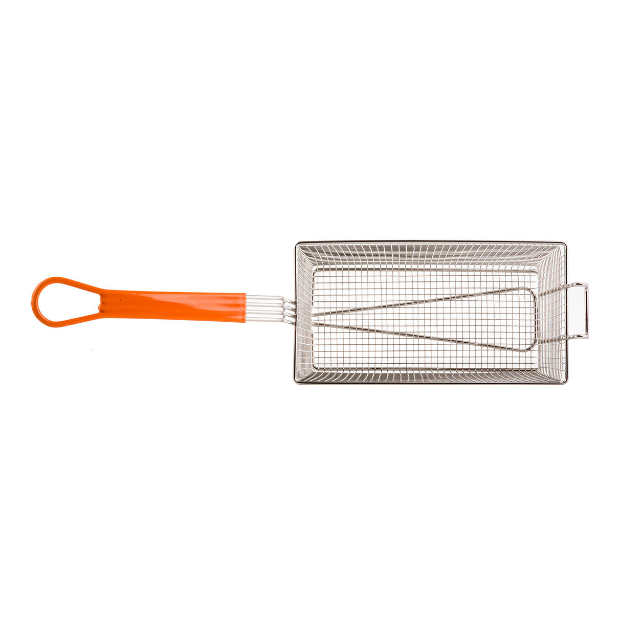 A rectangular mesh fry basket with a cool-to-touch orange plastic handle is shown against a white background. Designed for deep frying or draining foods, the angled handle ends with a loop for easy hanging.