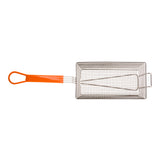 A rectangular mesh fry basket with a cool-to-touch orange plastic handle is shown against a white background. Designed for deep frying or draining foods, the angled handle ends with a loop for easy hanging.