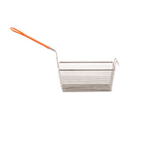 A rectangular mesh fry basket with fine sides and a cool-to-touch orange plastic handle is shown on a white background. It features a hook on one end for easy hanging or draining.