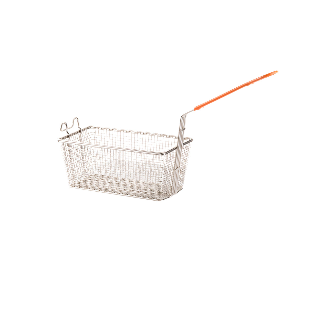 A metal fry basket with a rectangular mesh design features a long, cool-to-touch handle coated with orange plastic and two hooks on one side, shown against a plain white background.