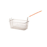 A metal fry basket with a rectangular mesh design features a long, cool-to-touch handle coated with orange plastic and two hooks on one side, shown against a plain white background.