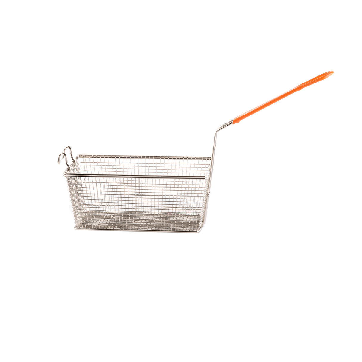 A rectangular mesh fry basket with a fine wire design and a cool-to-touch handle coated in orange plastic, featuring two small hooks on one side, set against a plain white background.