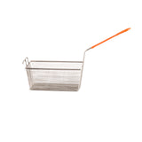 A rectangular mesh fry basket with a fine wire design and a cool-to-touch handle coated in orange plastic, featuring two small hooks on one side, set against a plain white background.