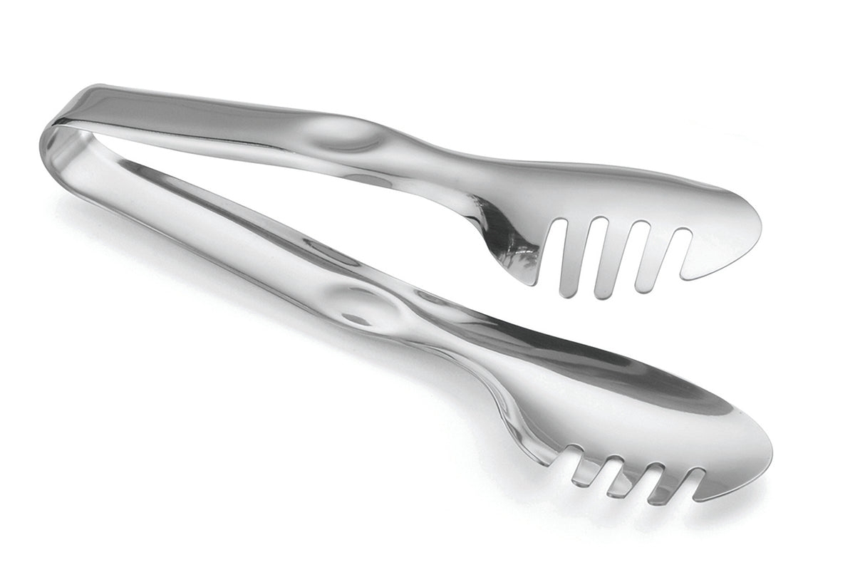 A pair of stainless steel salad and pasta tongs with one spoon-shaped end and one fork-shaped end, both smooth and shiny, resting on a white background. These dishwasher safe tongs feature a simple, modern design with gentle curves.