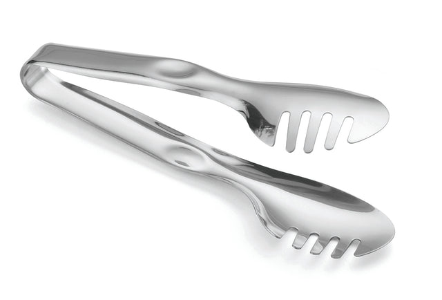 A pair of stainless steel salad and pasta tongs with one spoon-shaped end and one fork-shaped end, both smooth and shiny, resting on a white background. These dishwasher safe tongs feature a simple, modern design with gentle curves.