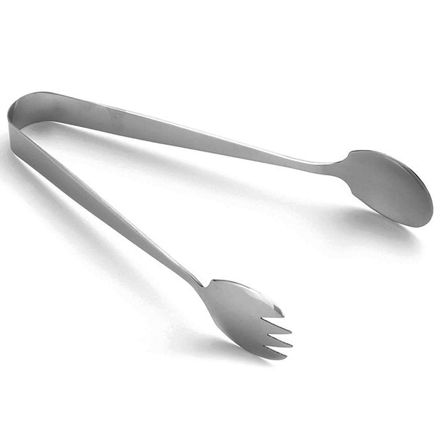 A pair of stainless steel serving tongs is shown. One end is shaped like a spoon, the other a fork with three prongs. Dishwasher safe and angled open, the tongs rest on a white surface.