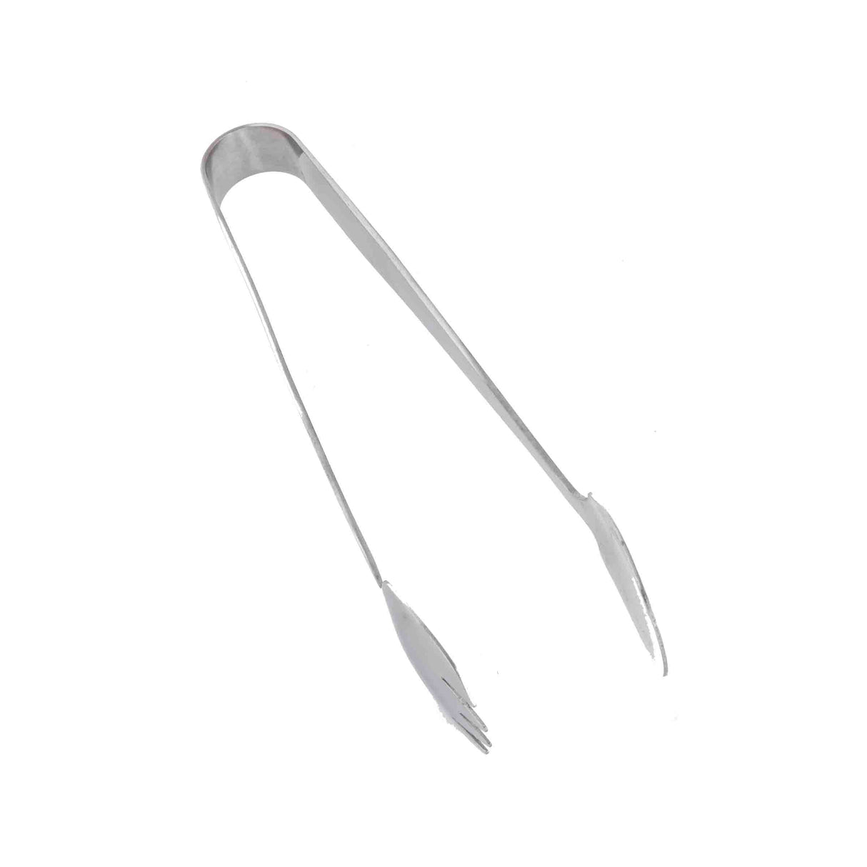 A pair of stainless steel serving tongs with narrow, slightly curved arms. The scalloped gripping ends ensure a secure hold on food. These dishwasher safe tongs are photographed against a plain white background.