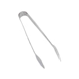 A pair of stainless steel serving tongs with narrow, slightly curved arms. The scalloped gripping ends ensure a secure hold on food. These dishwasher safe tongs are photographed against a plain white background.