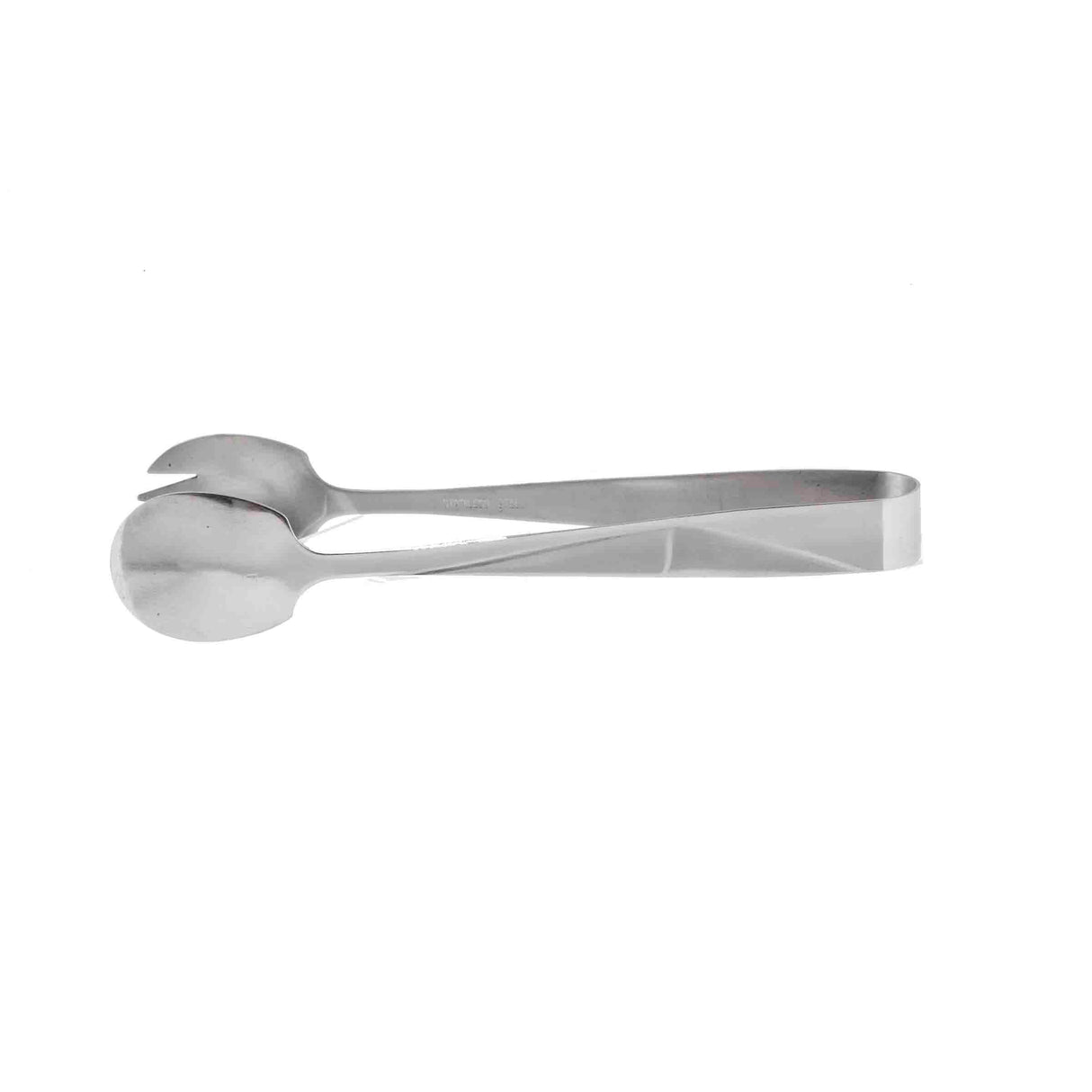 A pair of stainless steel serving tongs lies flat against a white background. With a spoon-shaped head on one end and fork-like head on the other, these dishwasher safe tongs are perfect for gripping and serving food. The metal has a polished, reflective surface.