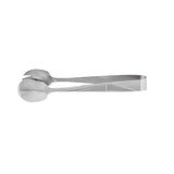 A pair of stainless steel serving tongs lies flat against a white background. With a spoon-shaped head on one end and fork-like head on the other, these dishwasher safe tongs are perfect for gripping and serving food. The metal has a polished, reflective surface.