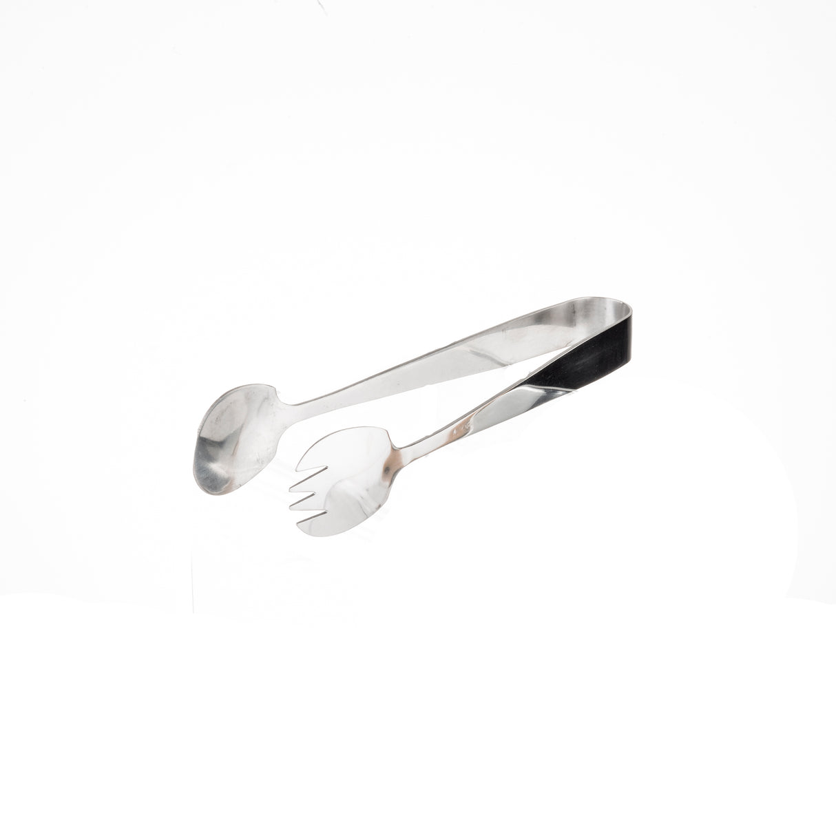 A pair of stainless steel serving tongs, with one spoon-shaped end and one fork-shaped end connected by a simple curved hinge, are isolated on a plain white background.