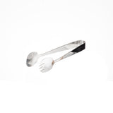 A pair of stainless steel serving tongs, with one spoon-shaped end and one fork-shaped end connected by a simple curved hinge, are isolated on a plain white background.