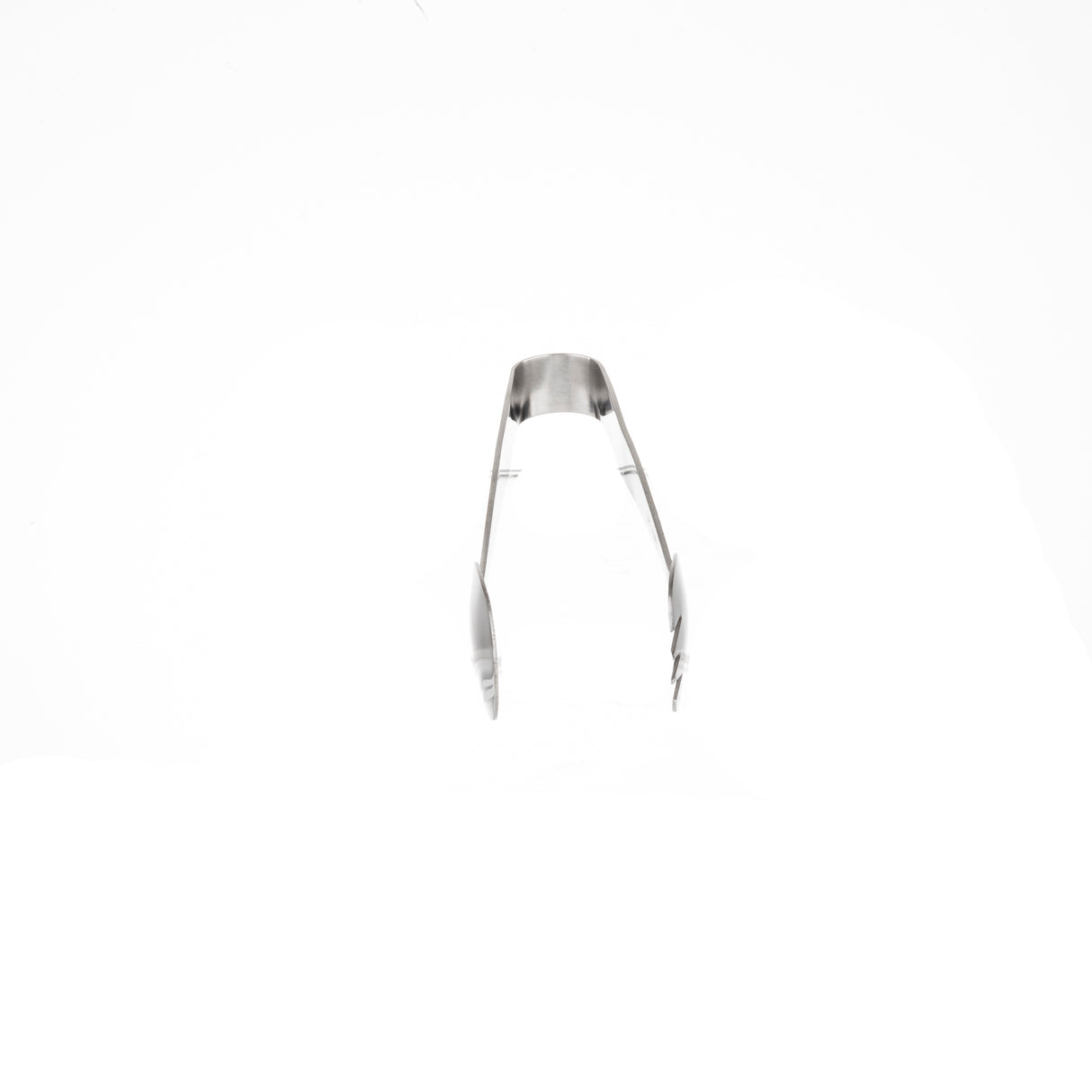 A pair of stainless steel serving tongs is positioned upright against a plain white background, viewed from above so the open, gripping ends face the camera and the handles extend away, showcasing their curved, dishwasher safe metal shape.