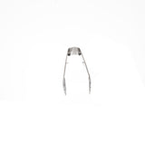 A pair of stainless steel serving tongs is positioned upright against a plain white background, viewed from above so the open, gripping ends face the camera and the handles extend away, showcasing their curved, dishwasher safe metal shape.