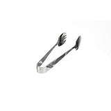 A pair of stainless steel serving tongs with a simple design. One end features a ridged, spoon shape, while the other is smooth and oval. Dishwasher safe and set against a completely white background at a slight angle.