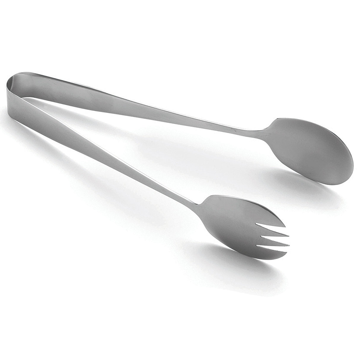 A stainless steel serving tong, dishwasher safe, features a spoon on one end and a three-pronged fork on the other, both ends gently curved; the utensil is displayed on a white background.