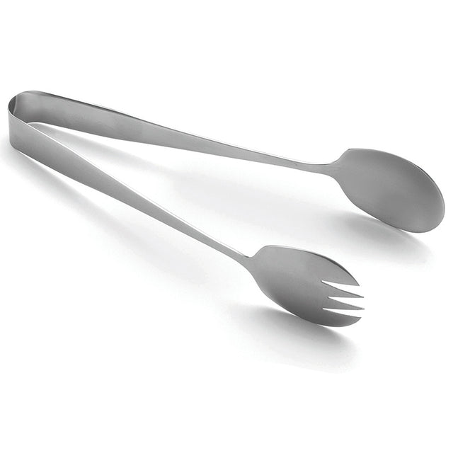 A stainless steel serving tong, dishwasher safe, features a spoon on one end and a three-pronged fork on the other, both ends gently curved; the utensil is displayed on a white background.