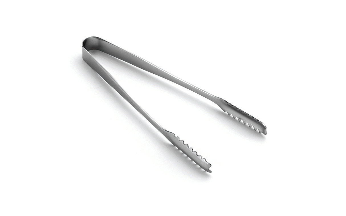 A pair of stainless steel serving tongs with scalloped gripping edges lies open on a white background, showing the simple, smooth design and reflective, dishwasher safe metal surface.