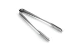 A pair of stainless steel serving tongs with scalloped gripping edges lies open on a white background, showing the simple, smooth design and reflective, dishwasher safe metal surface.