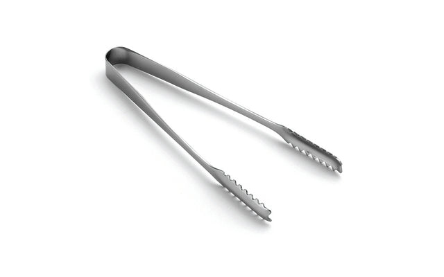 A pair of stainless steel serving tongs with scalloped gripping edges lies open on a white background, showing the simple, smooth design and reflective, dishwasher safe metal surface.