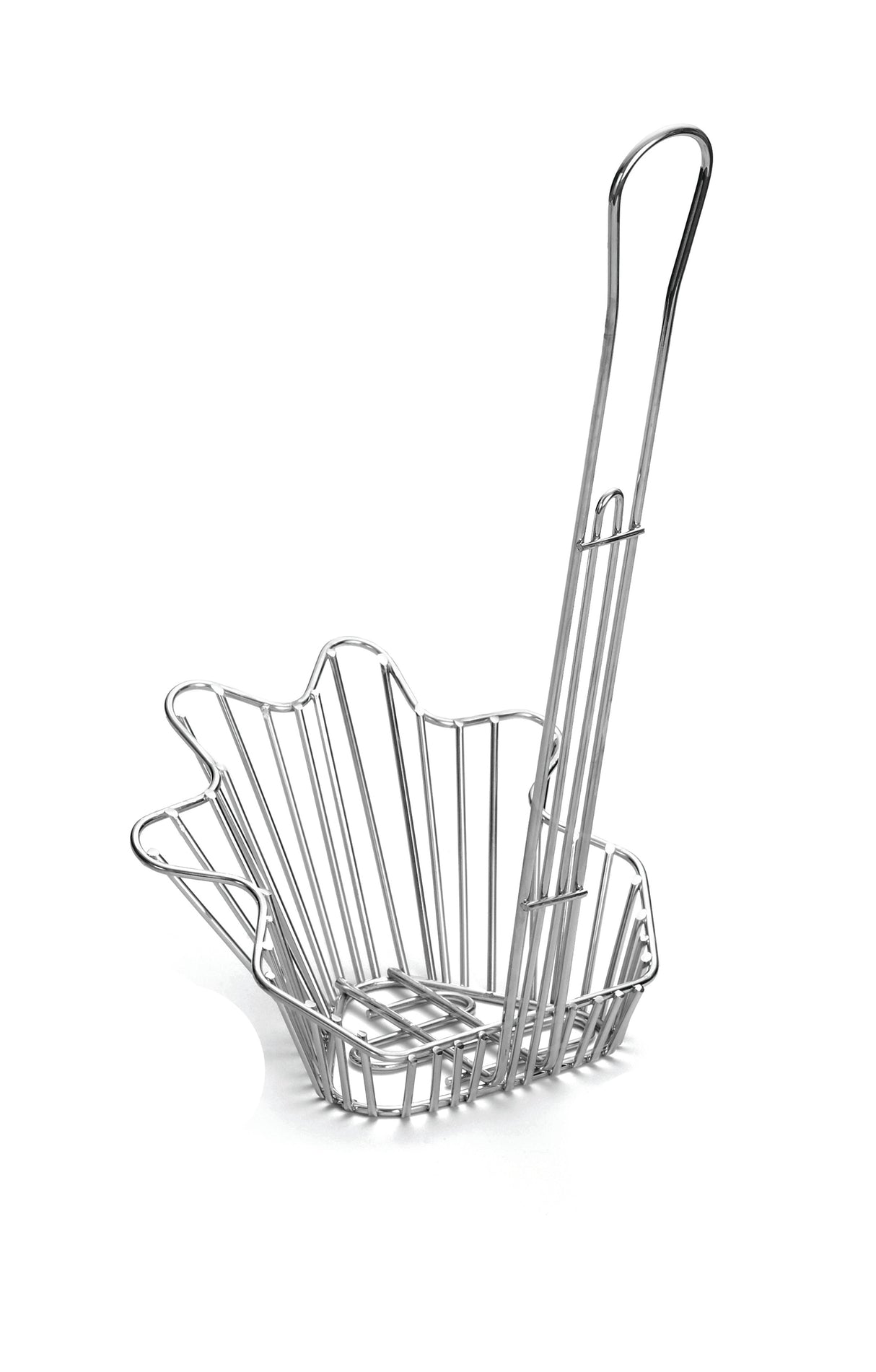 The TableCraft Taco Fry Basket features a chrome-plated, flower-like metal frame with a sturdy wire grid and a long, curved handle, making it easy to mold tortillas into perfect taco shells during frying.